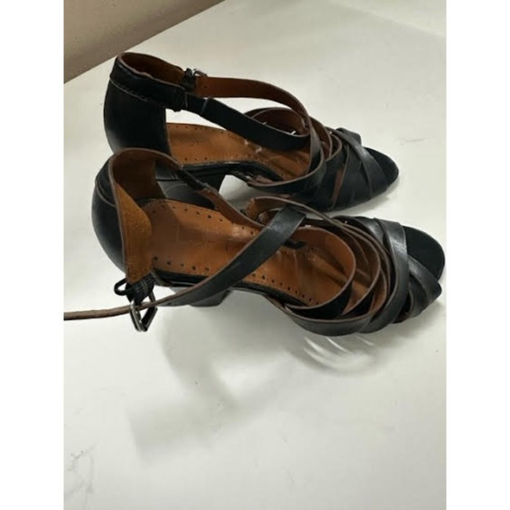 Ann Taylor Loft Women's Black Leather Strappy Chunky Cone Heel Sandals Size 7 - Picture 2 of 8